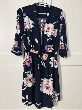 Dynamite Like New Navy Floral Zip-Front Drawstring Mini Dress